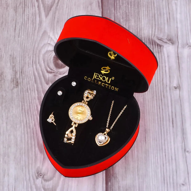 Complete Women's Jewelry and Watch Gift Set - Elegant Gold Crystal Design