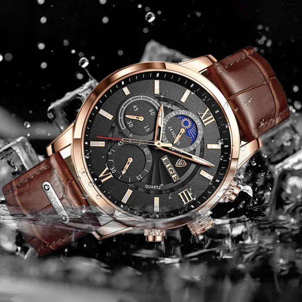 LIGE Luxury Leather Men's Quartz Watch