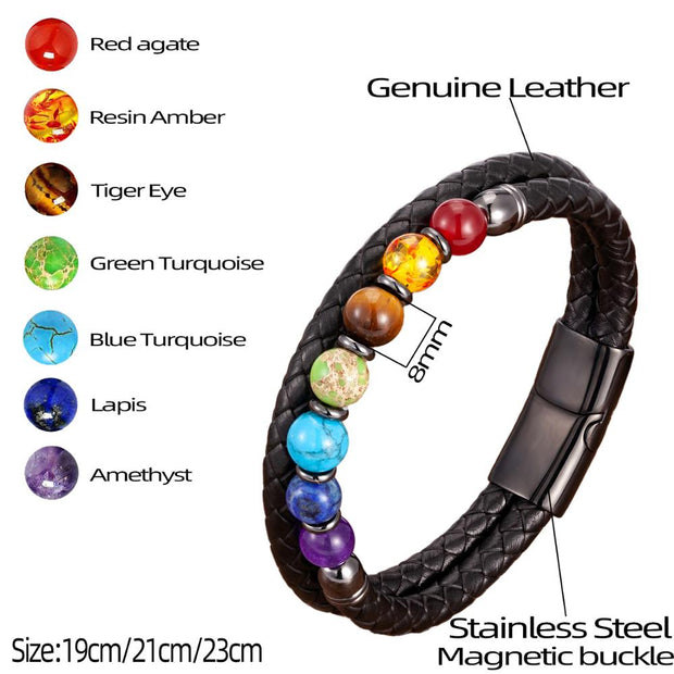 Seven Color Natural Stone Beads Men's Bracelet with Genuine Leather Band