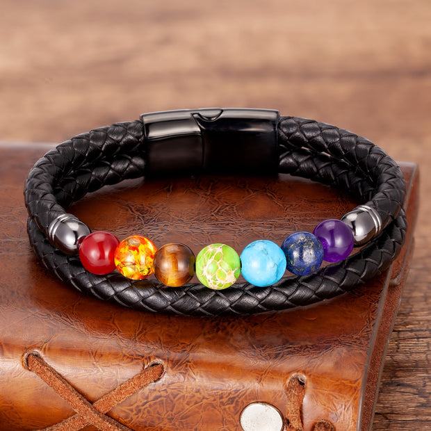 Seven Color Natural Stone Beads Men's Bracelet with Genuine Leather Band