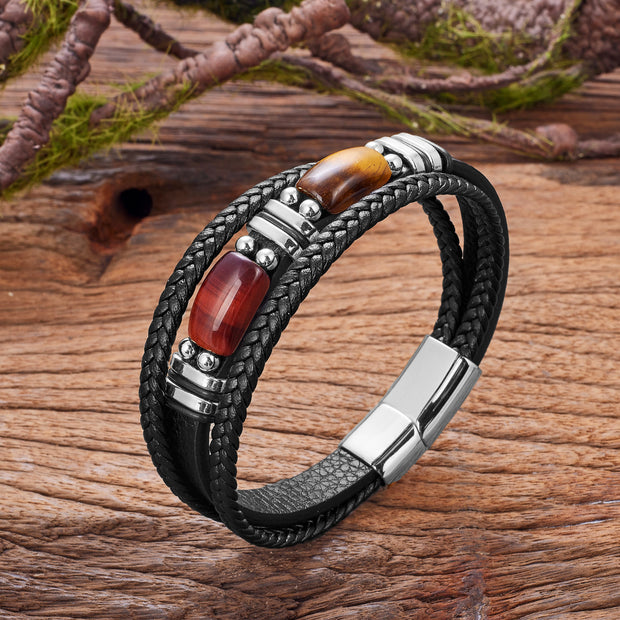 Men's Multi-Layer Braided Leather Bracelet with Natural Red and Blue Tiger Eye Stones