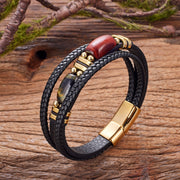 Men's Multi-Layer Braided Leather Bracelet with Natural Red and Blue Tiger Eye Stones